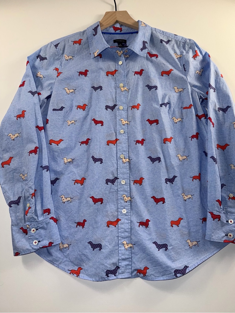 Talbots Cotton Dachshund Dog Print Button Front Shirt Red White Blue Patriotic
